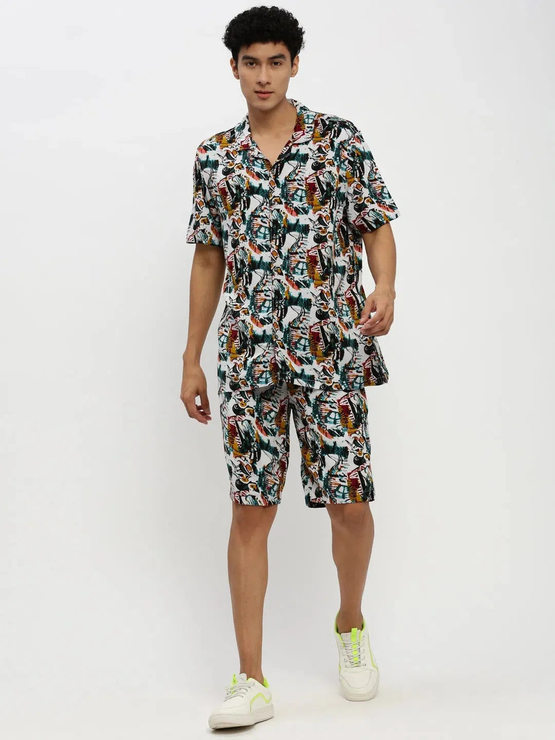 Men's White Printed Co ord Set | Casual Mens Two Piece Sets