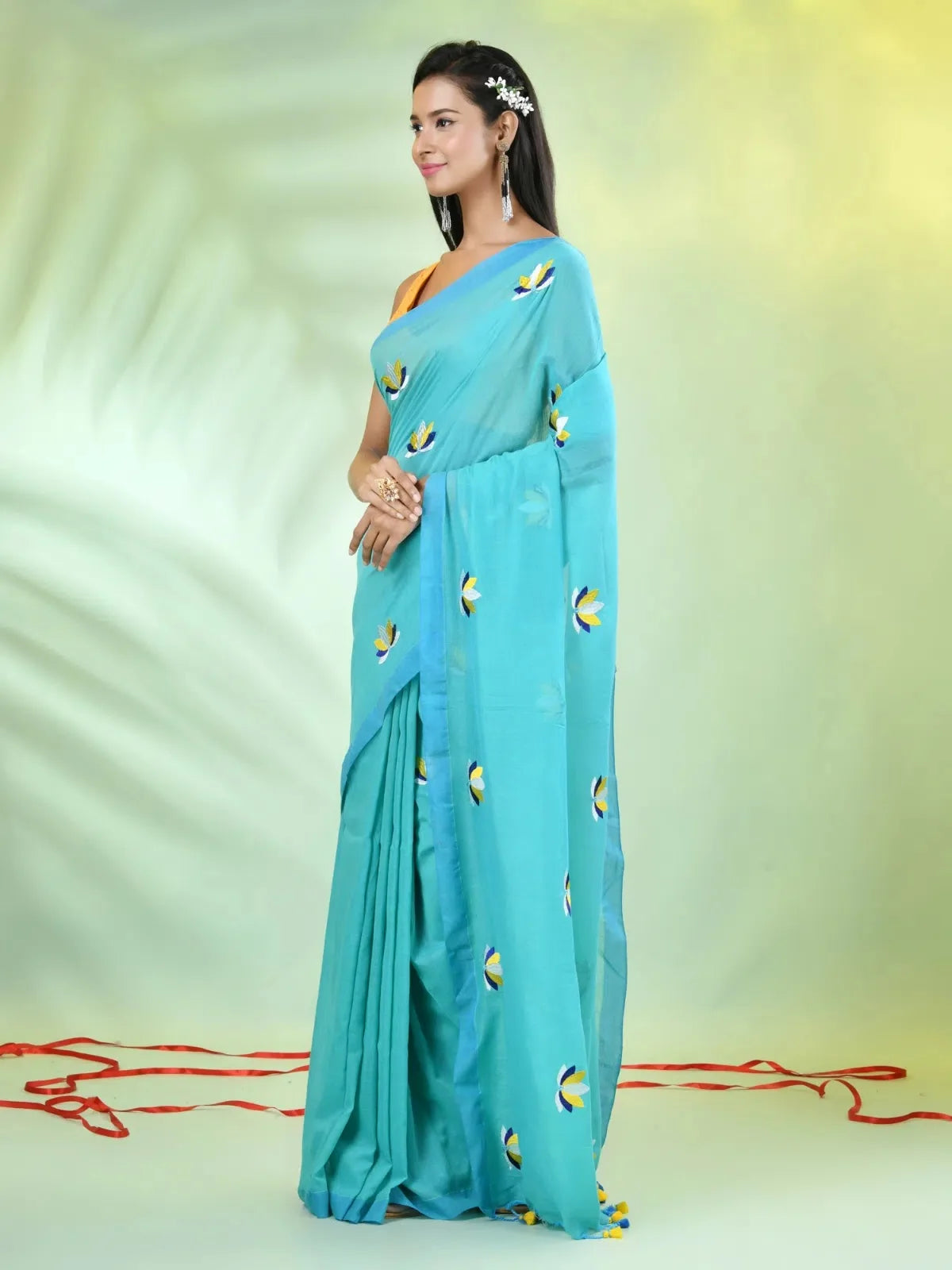 Sea Green Embroidered Cotton Saree | Indian Sarees