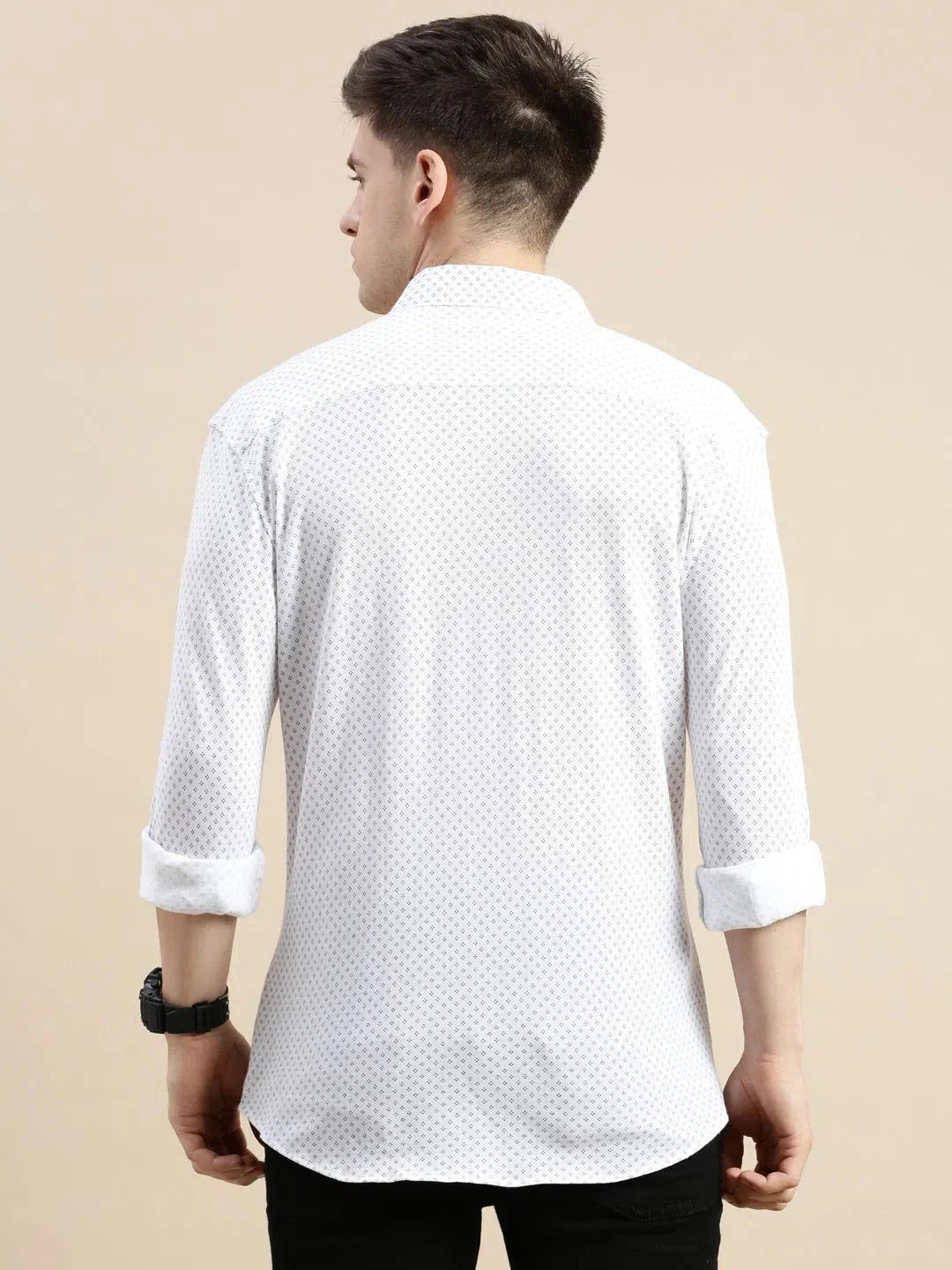 White Geometric Cotton Mens Shirt - Modern Casual Style