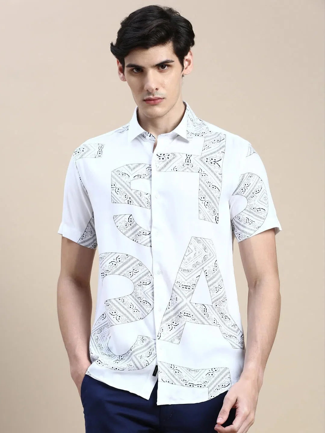 White Printed Cotton Mens Shirt - Casual & Stylish DesiQlo