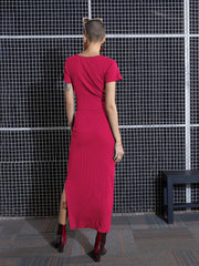 Women Magenta Rib Round Neck Top With Skirt