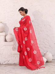 Rose Red Pure Cotton Soft Saree With Floral Embroidery Work-MA54CT33580097