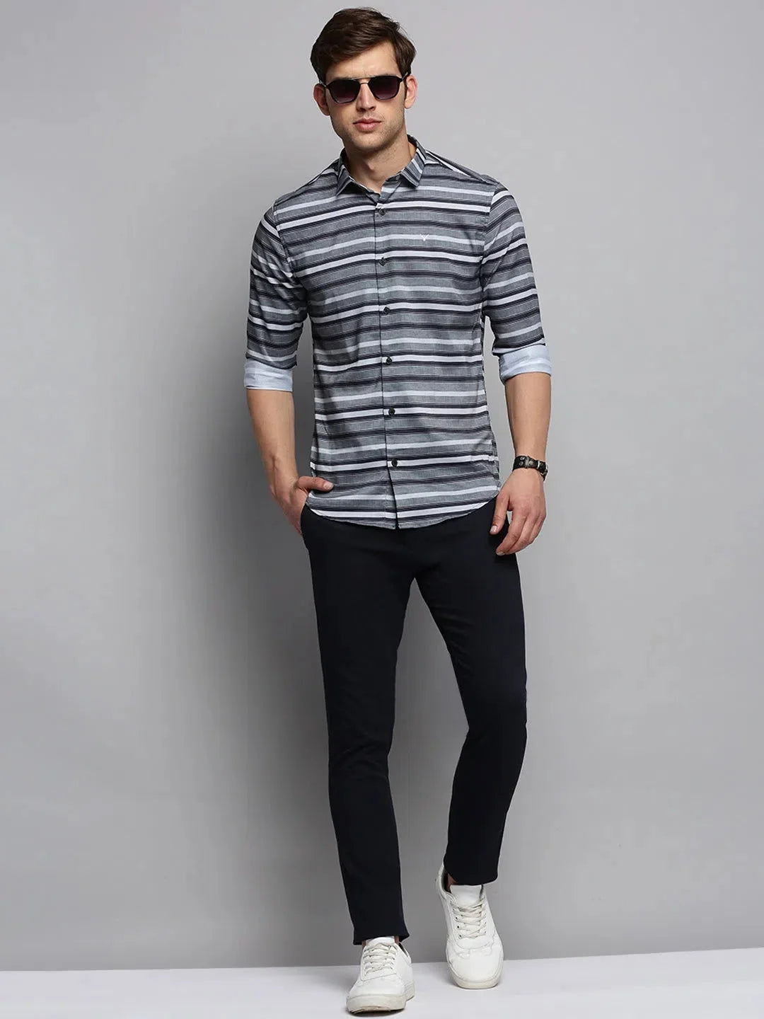 Grey Striped Mens Shirt - Casual Cotton Shirt by DesiQlo