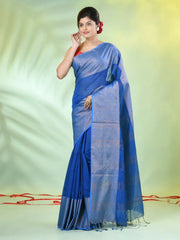 Sapphire Blue Cotton Saree With Zari Borders-MA66BCT43620004