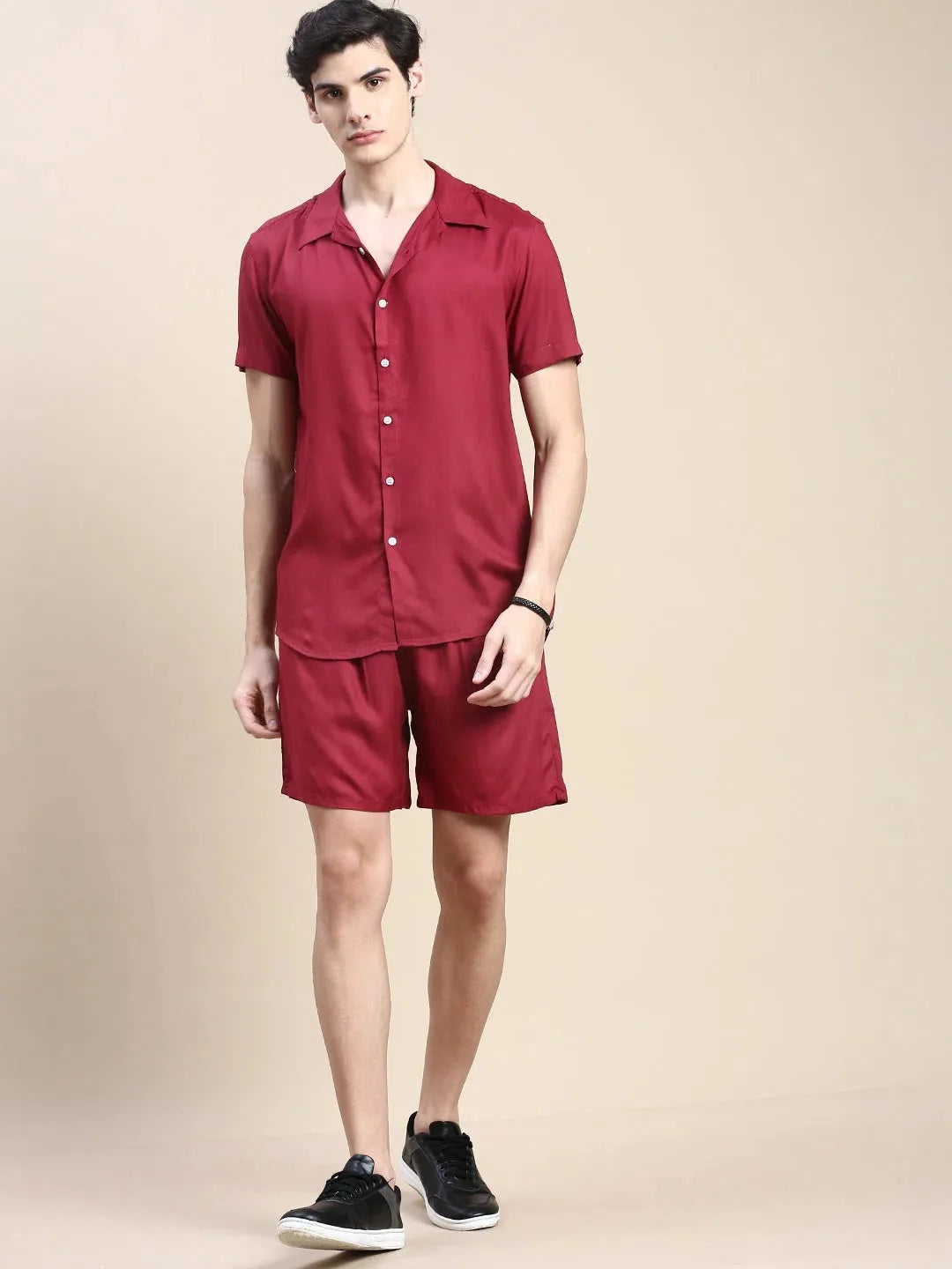 Burgundy Mens Casual Co ord Set - Cotton Two Piece Sets