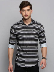 Men Green Striped Casual Shirt-LARGEPRINT-2085-Olive