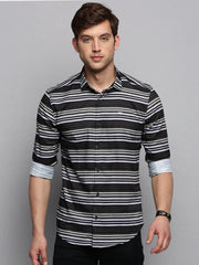 Men Green Striped Casual Shirt-LARGEPRINT-2085-Olive