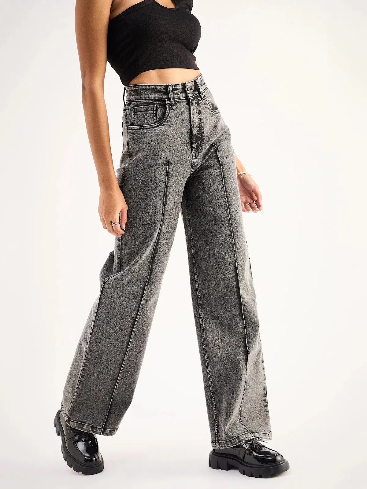 Grey High Waist Straight Jeans - Women's Denim Front Dart