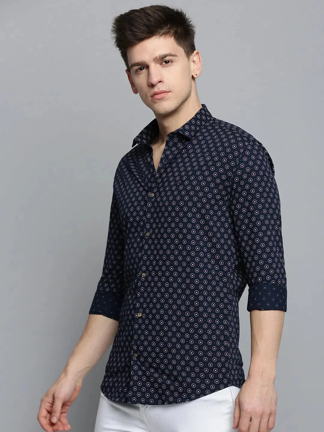 Men's Navy Printed Shirt - Stylish Cotton Mens Shirt Online