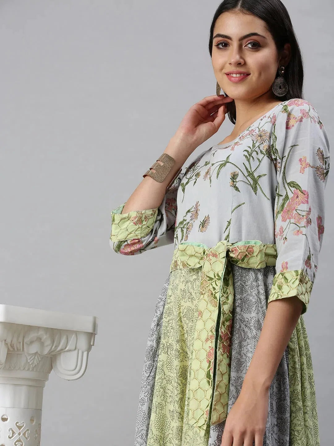 Blue & Green Printed Cotton Anarkali Kurta for Women