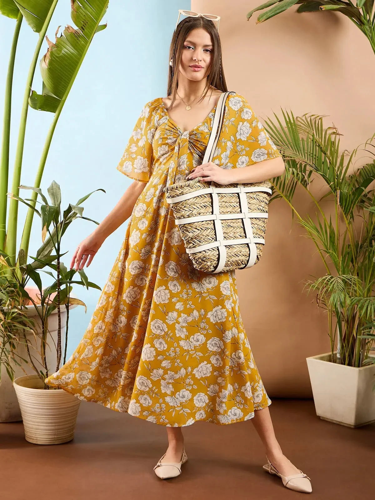 Women's Yellow Floral Midi Dress | Flared Hemline Design