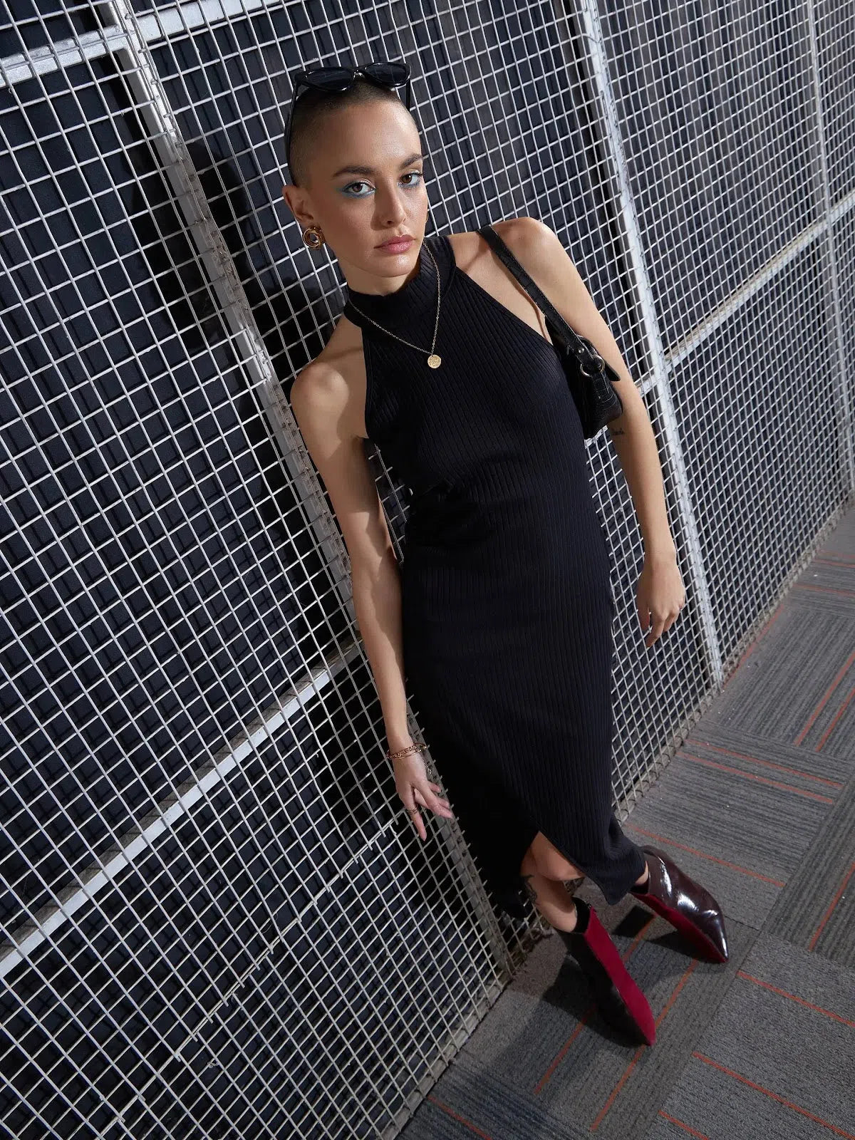 Black Rib Bodycon Midi Dress | Front Slit | Sleek & Stylish