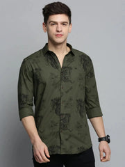 Men Green Printed Casual Shirt-COLMPRINT-3101-Olive