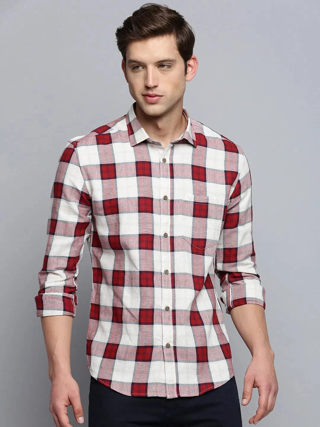 Shop Beige Checked Mens Shirt - Cotton Casual Shirt | DesiQlo