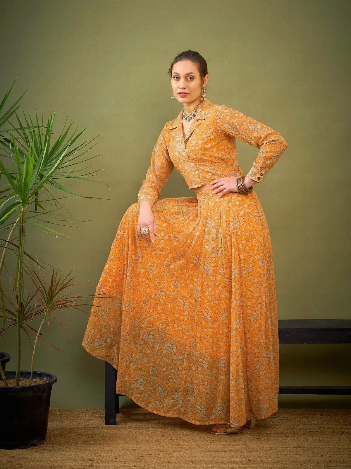 Yellow Floral Anarkali Skirt | Printed Ethnic Skirts for Women