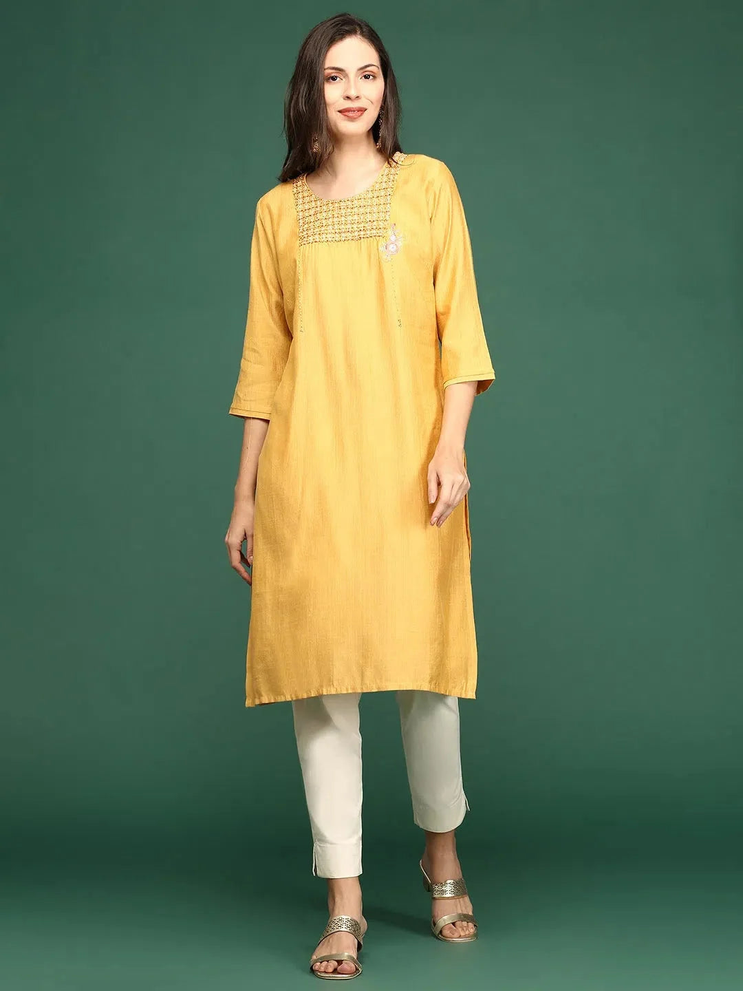 Embellished Mustard Cotton Kurta - Indian Kurta Ladies Style