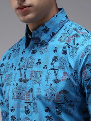 Men Blue Printed Casual Shirt-PERRYPRINT-1846-Blue