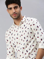 Men Cream Printed Casual Shirt-STANDARDPRINT-1298-Cream
