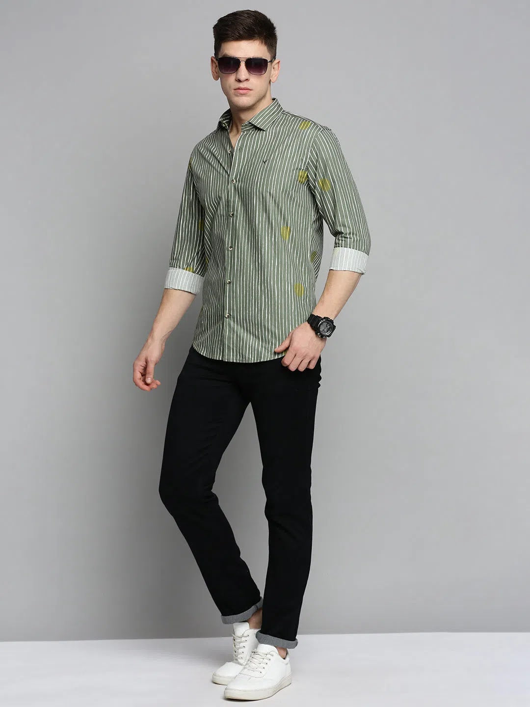 Green Striped Cotton Mens Shirt | Casual Shirts - DesiQlo