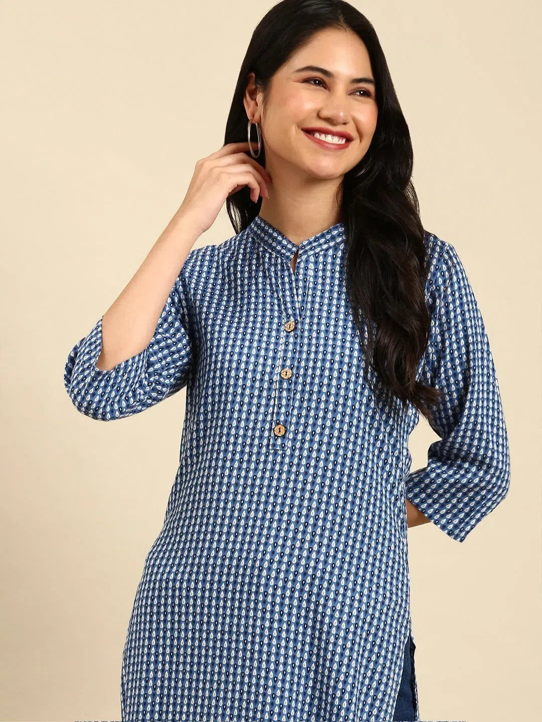 Blue Printed Cotton Kurta | Stylish Indian Kurtis for Ladies