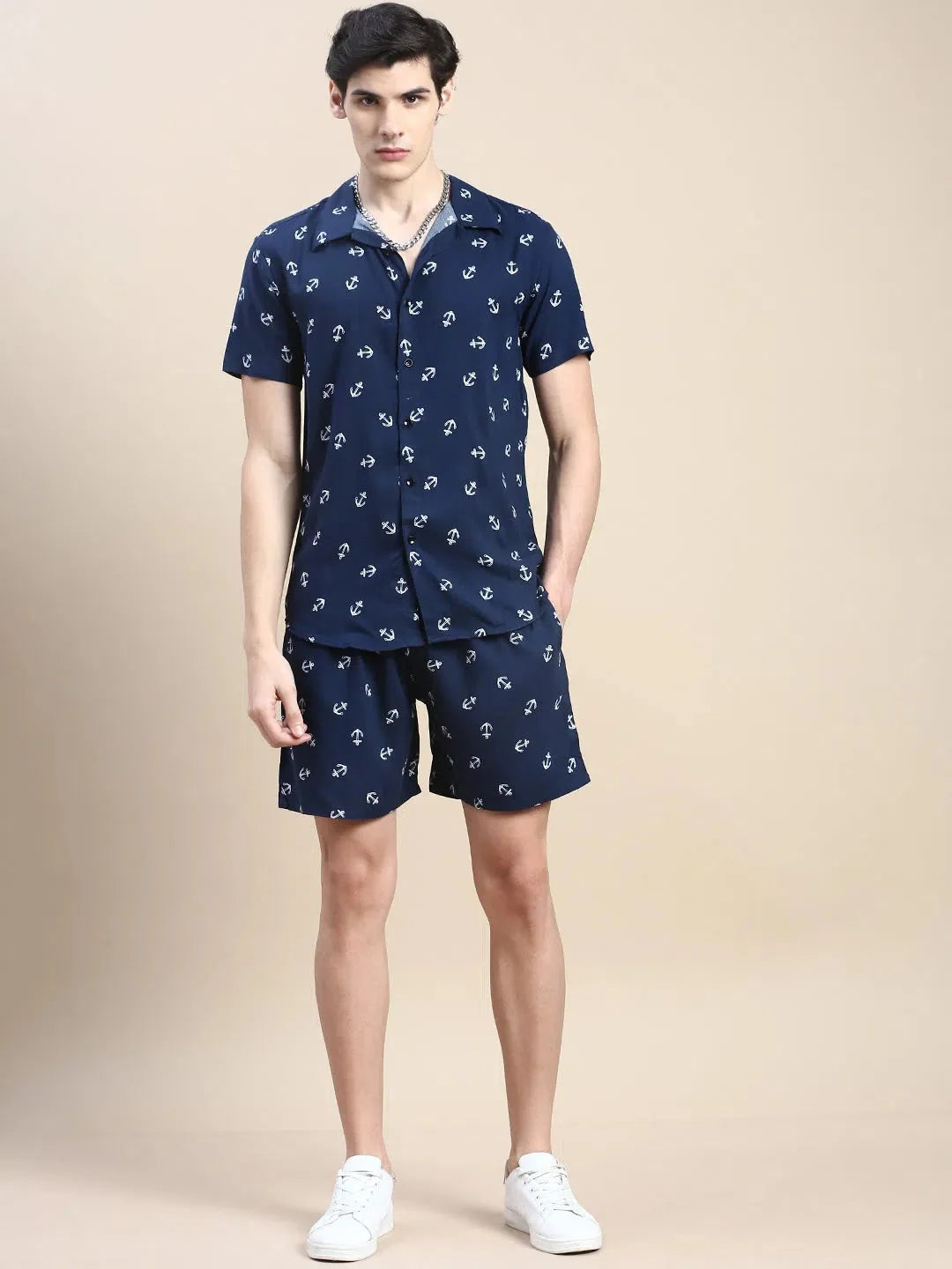 Men's Navy Printed Casual Co ord Set | Cotton Two Piece Sets