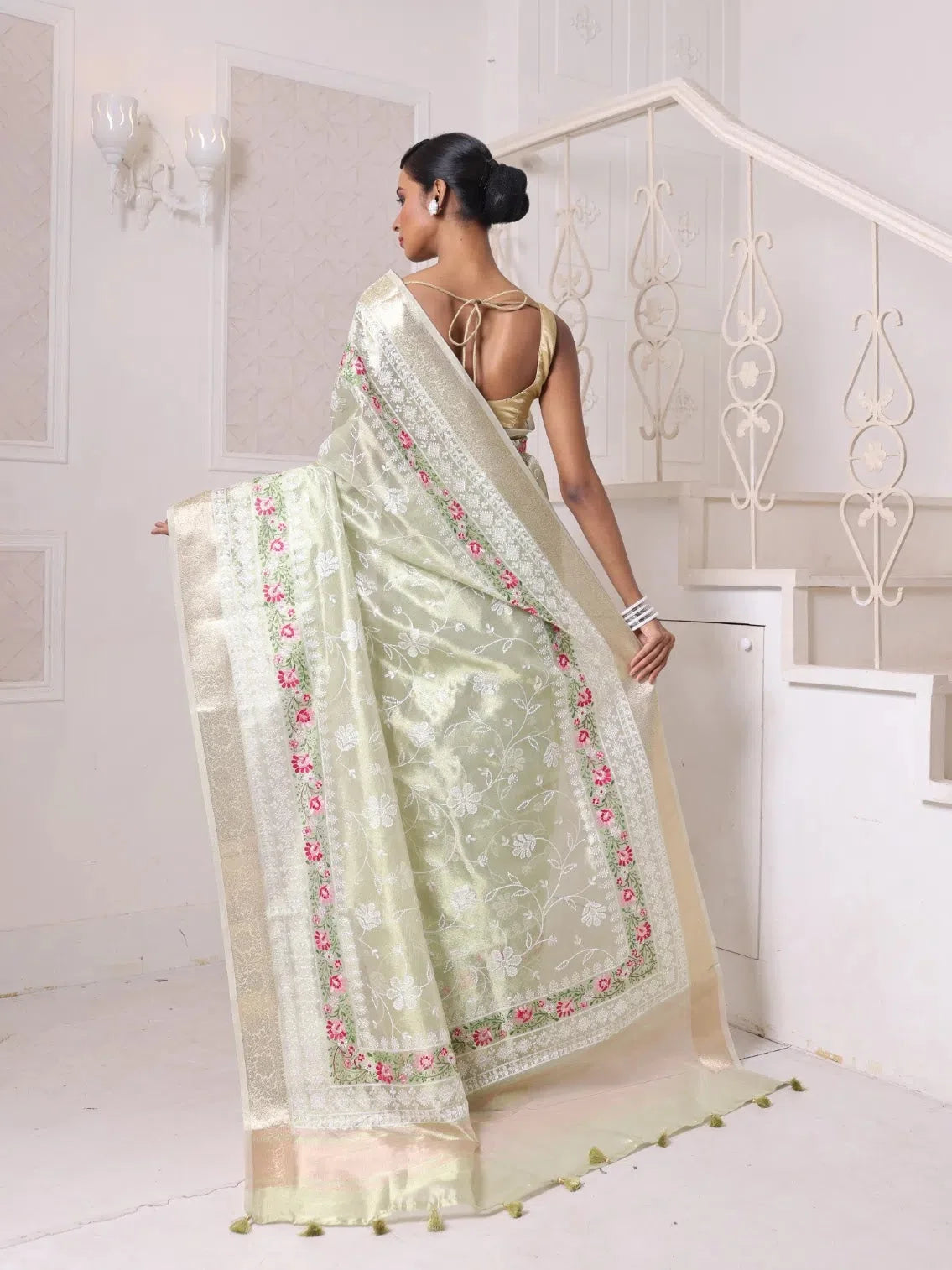 Pistachio Green Embroidered Cotton Saree | Indian Sarees