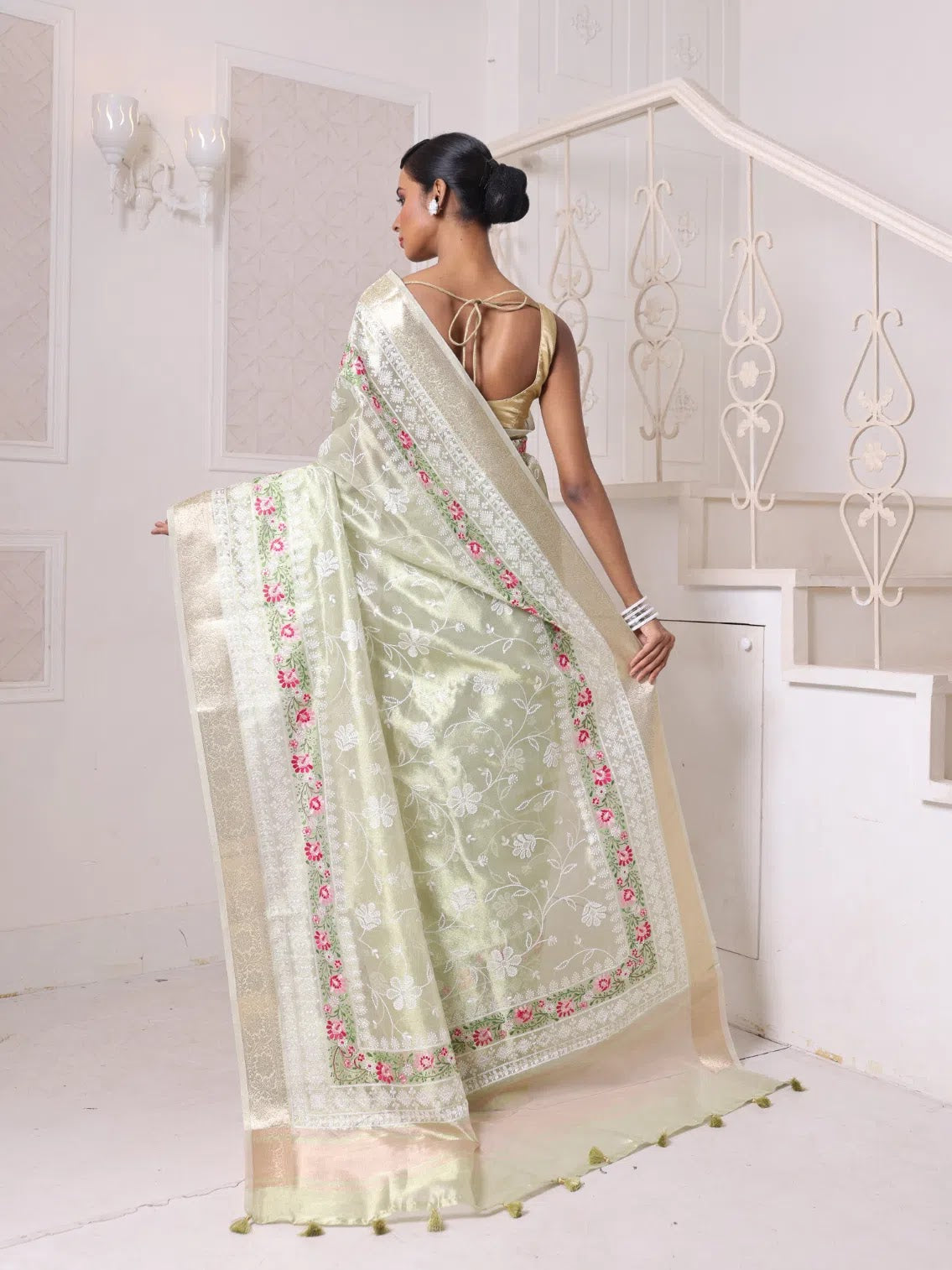 Pistachio Green Embroidered Cotton Saree | Indian Sarees