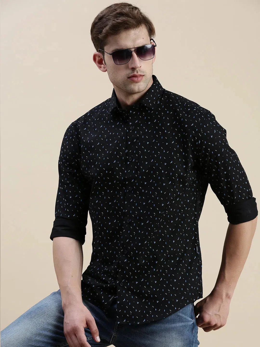 Men Black Geometrical Casual Shirt-STANLEY-5553-Black