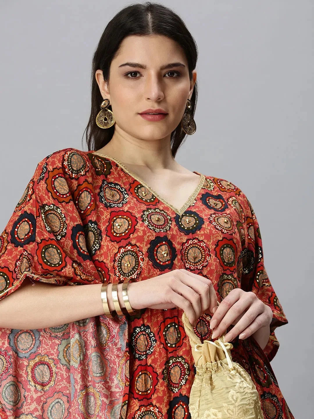 Orange Printed Kaftan Kurta | Women's Cotton Kaftan Dresses