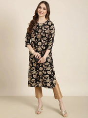Women Straight Black Floral Kurta-HO-1463-Black