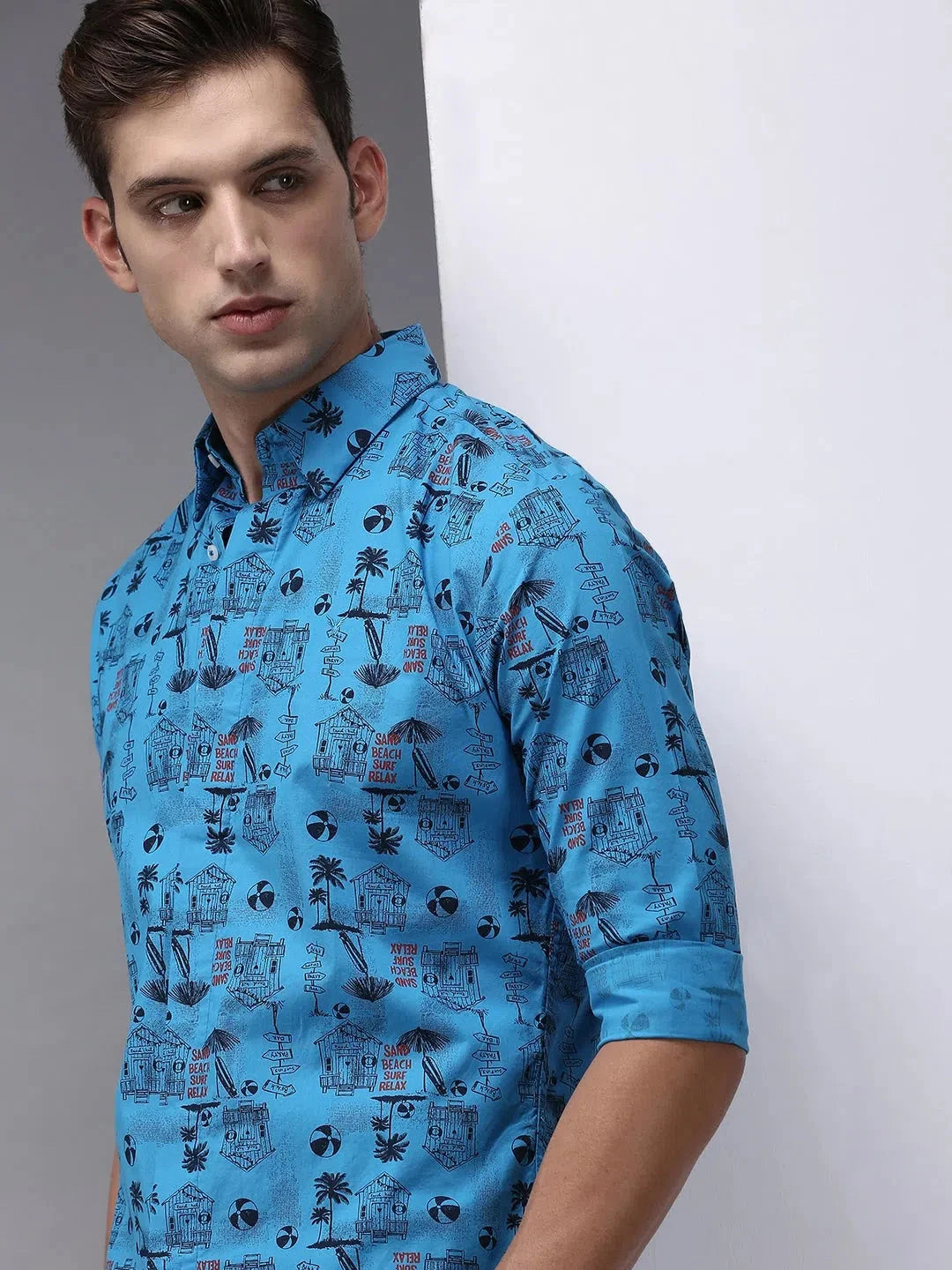 Blue Printed Mens Shirt | Cotton Casual Shirt - DesiQlo
