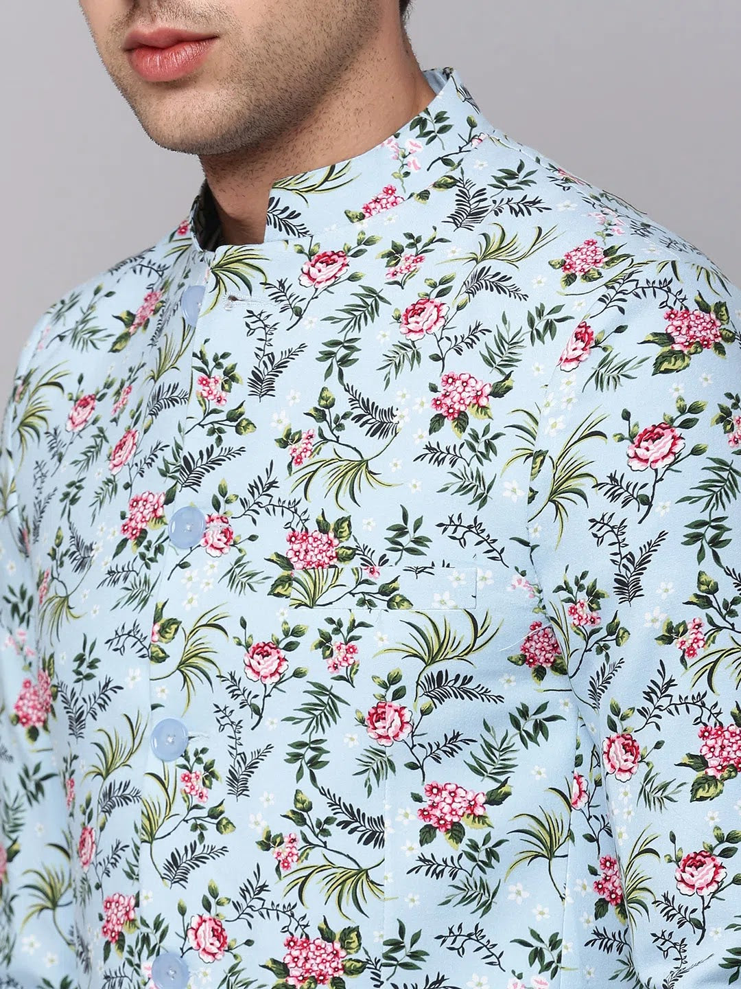 Men's Blue Printed Blazer | Modern Ethnic Nehru Collar Jacket
