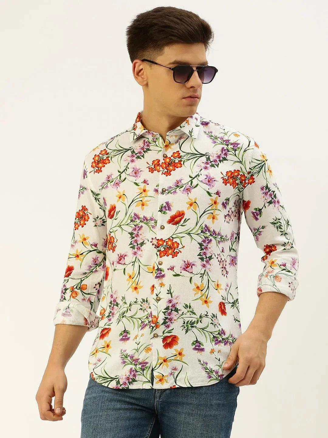 Men's White Printed Linen Shirt | DesiQlo Casual Shirts