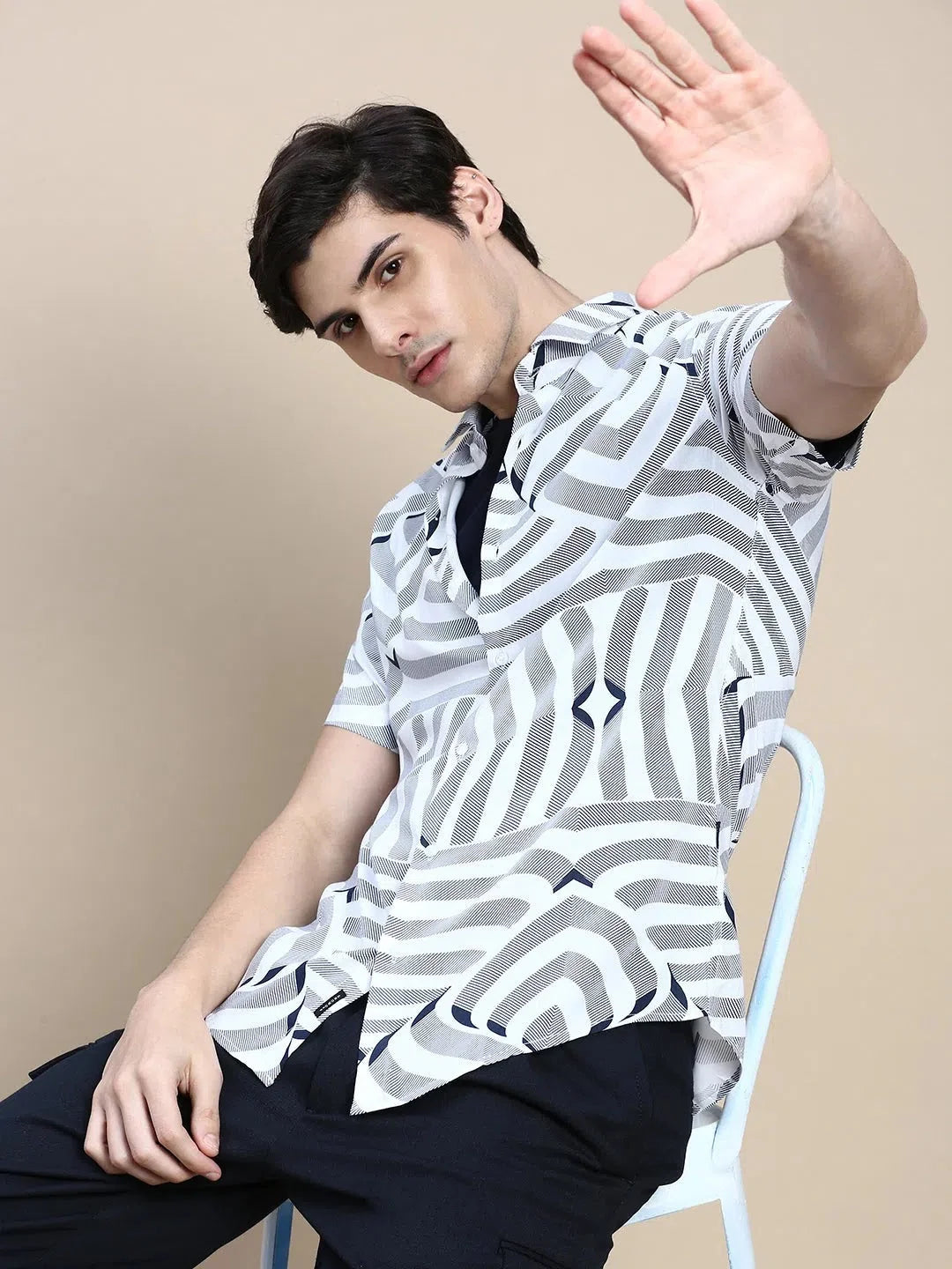 White Abstract Mens Shirt - Trendy Cotton Shirt