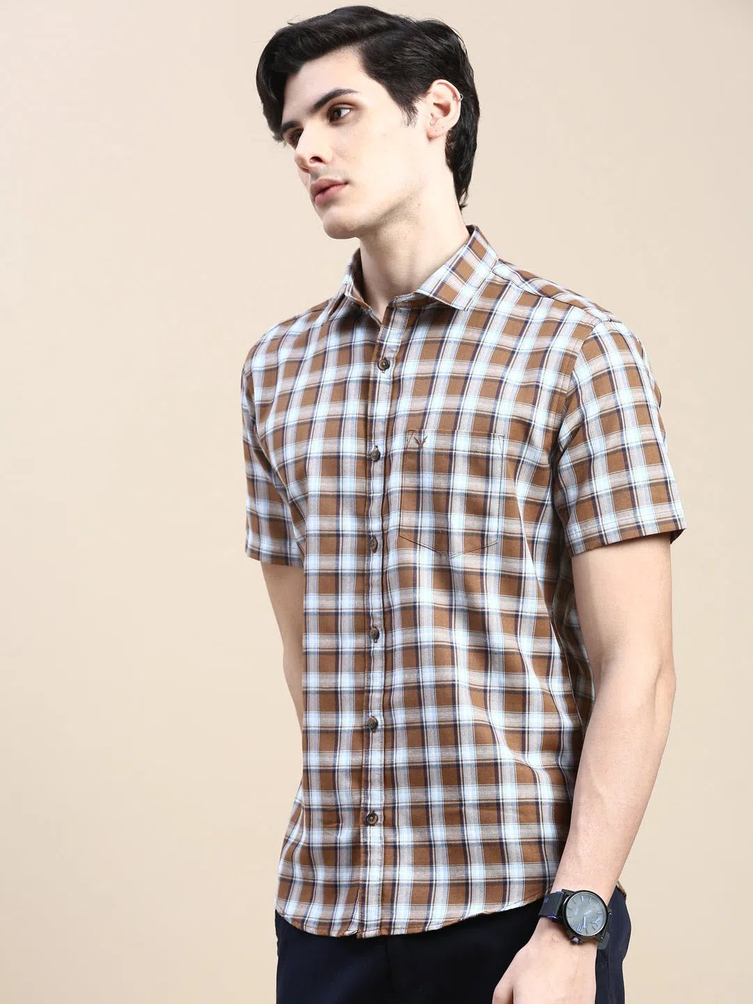 Buy Men's Khaki Checked Cotton Shirt | Casual & Stylish