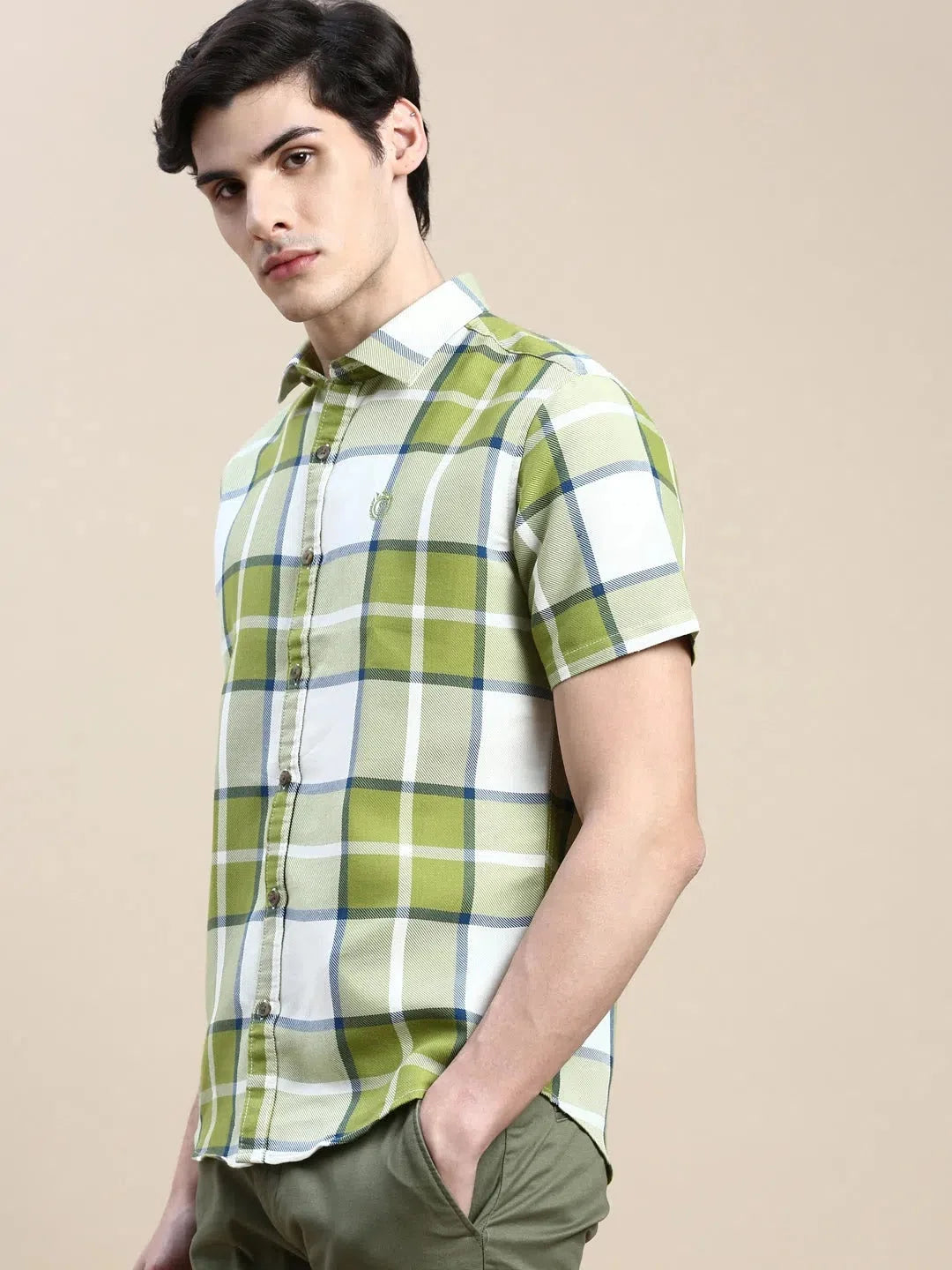 Green Checked Mens Shirt | Cotton Casual Shirt DesiQlo