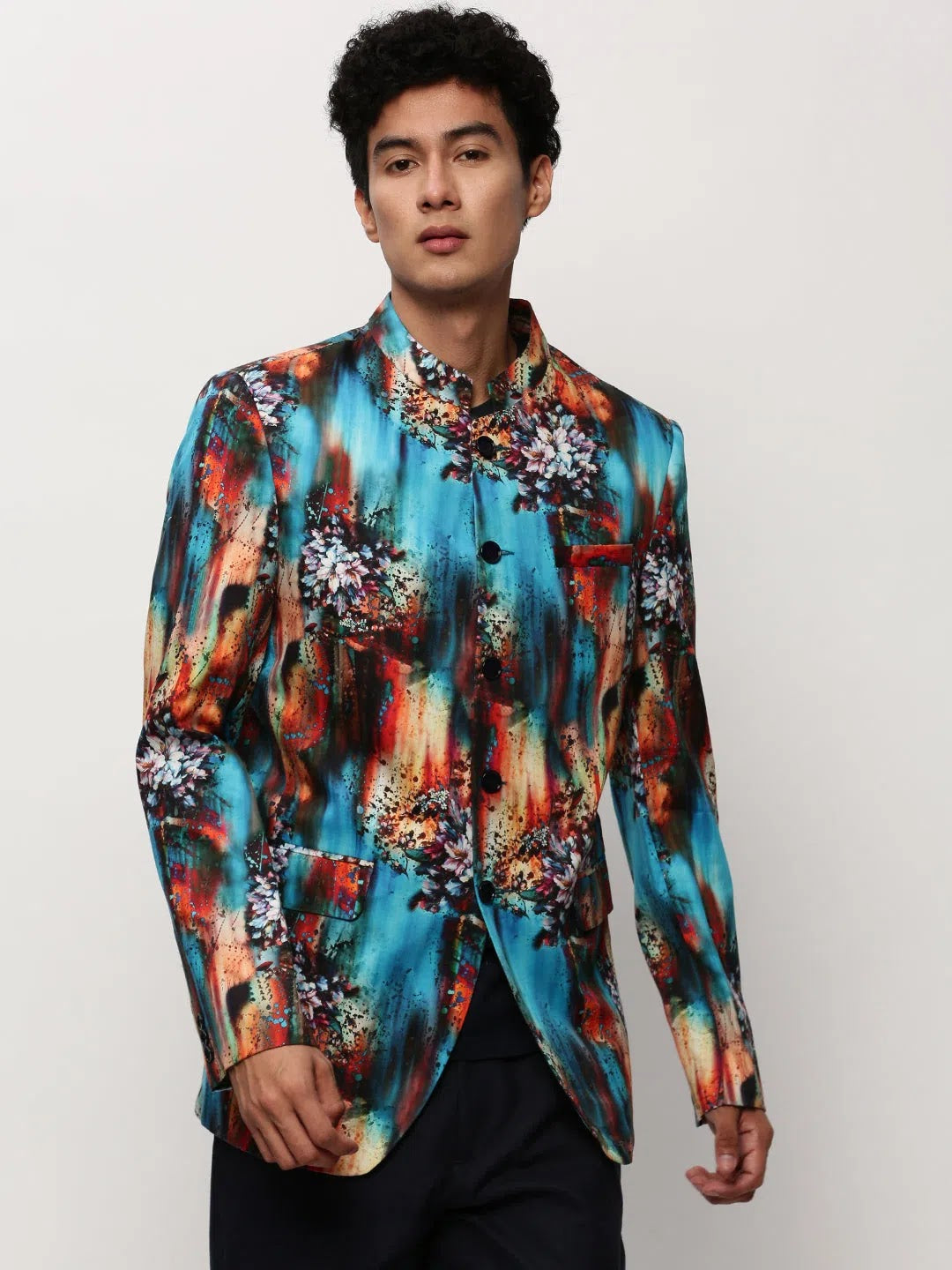 Men's Blue Printed Blazer | Modern Ethnic Nehru Jacket Design