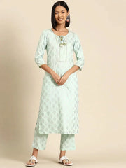 Kurta Pyajama with gota work in Powder Blue Print