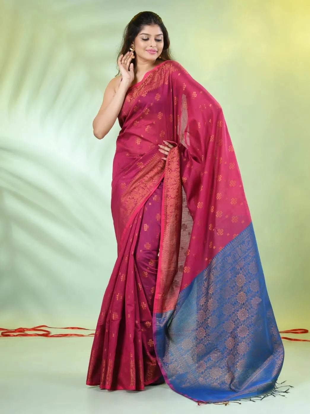 Shocking Pink Cotton Indian Sari with Zari