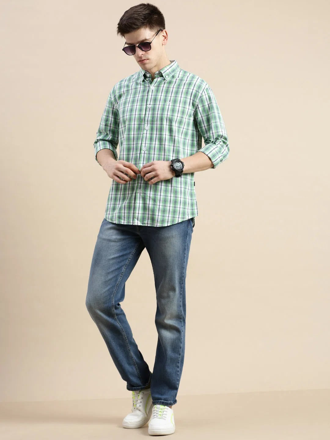 Green Checked Mens Shirt - Cotton Formal Shirts | DesiQlo