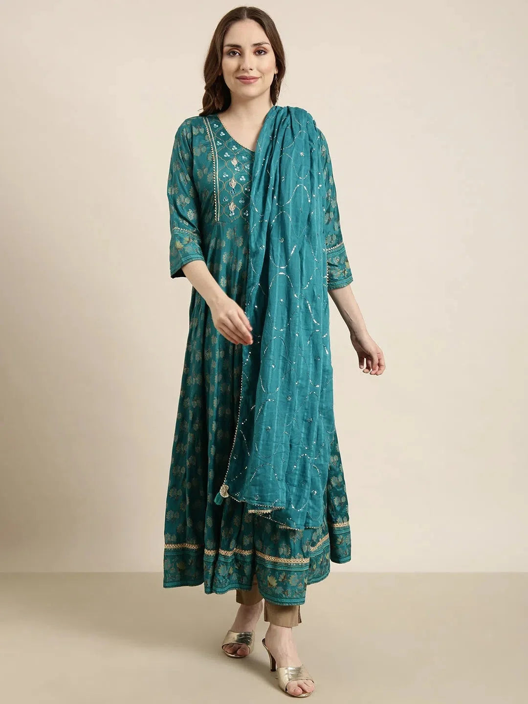 Green Floral Anarkali Kurta with Dupatta | Anarkali Gown
