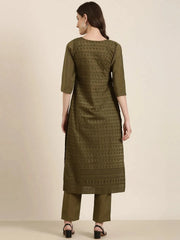 Women Olive Textured Kurta SetKC-1215-Olive