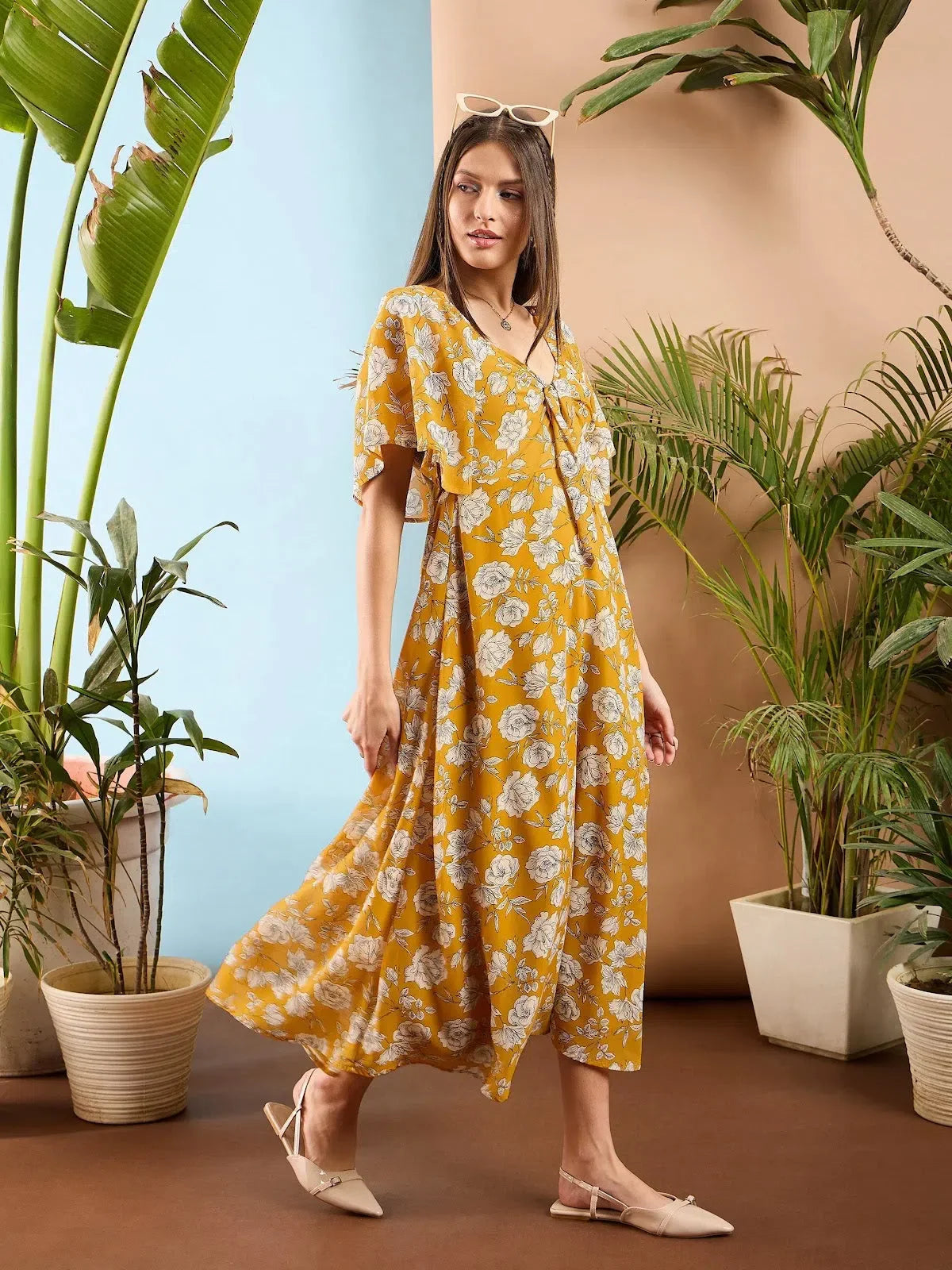 Women's Yellow Floral Midi Dress | Flared Hemline Design