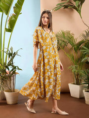 Women Yellow Floral Front Tie Midi Dress