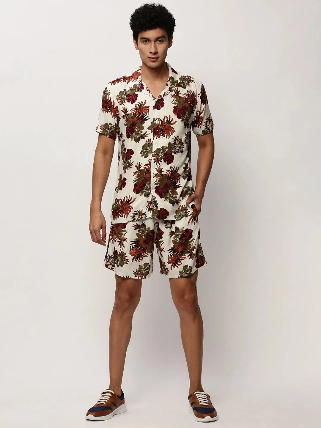Men's Cream Printed Casual Co Ord Sets | Cotton Two Piece Sets