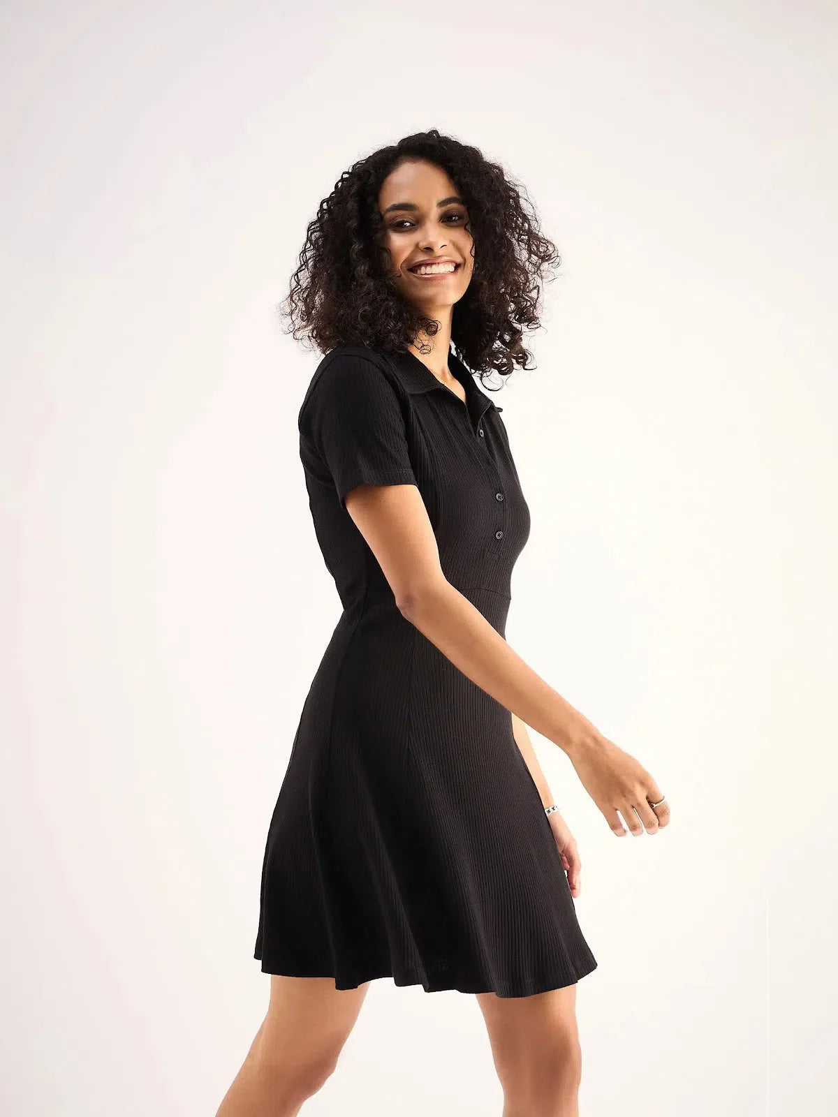 Black Rib Polo Neck Skater Dress for Women | Trendy Ethnic Look