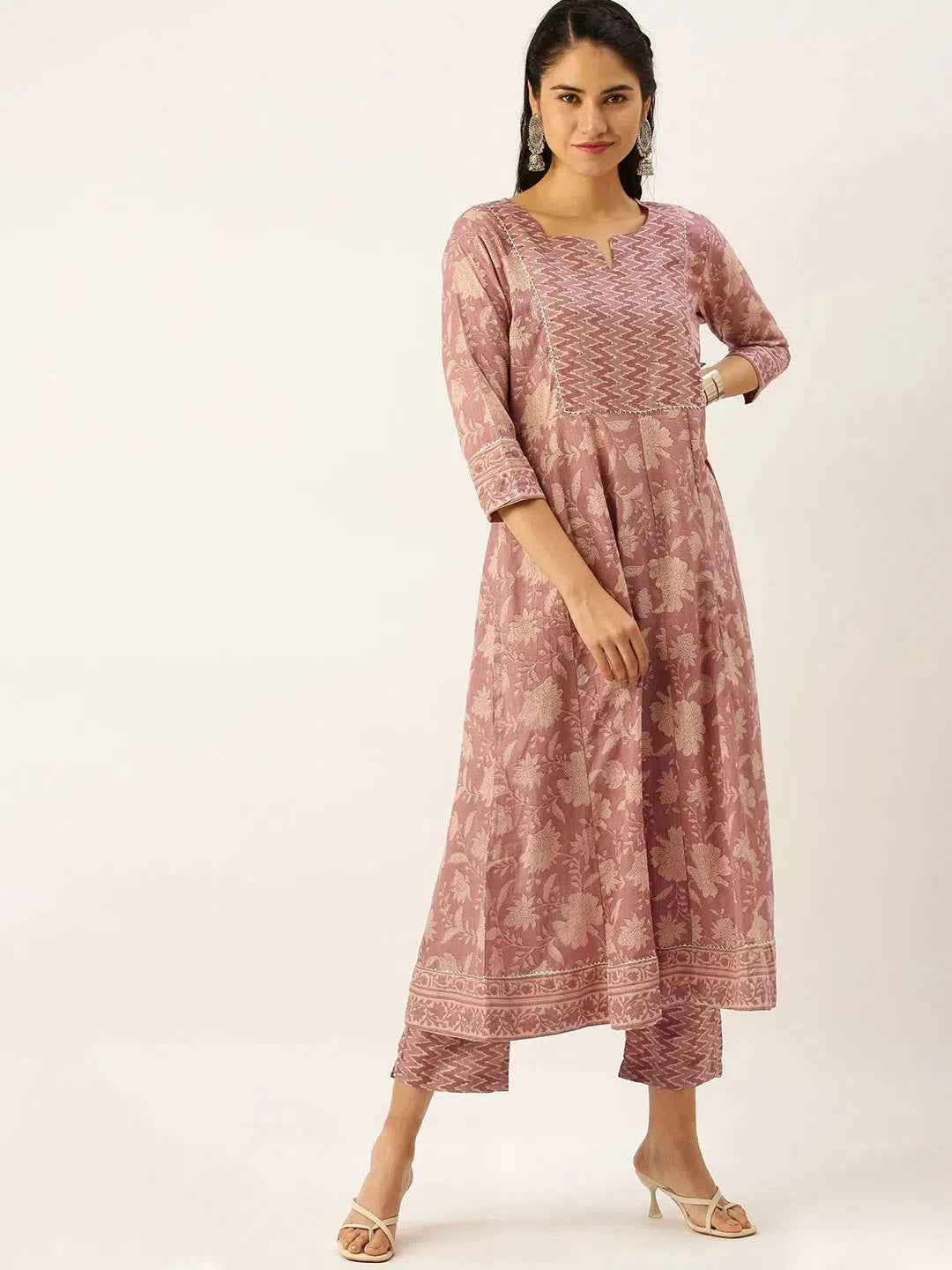Women's Mauve Floral Printed Cotton Kurta Sets | Showoff