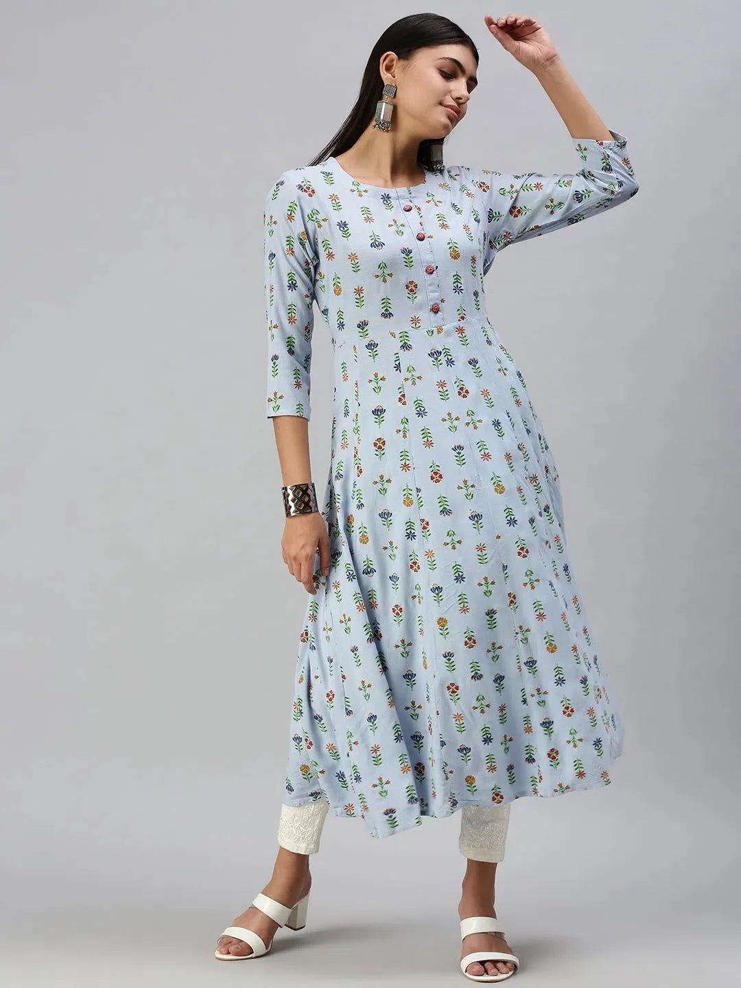 Blue Printed Cotton Anarkali Kurta - Women's Anarkali Dress