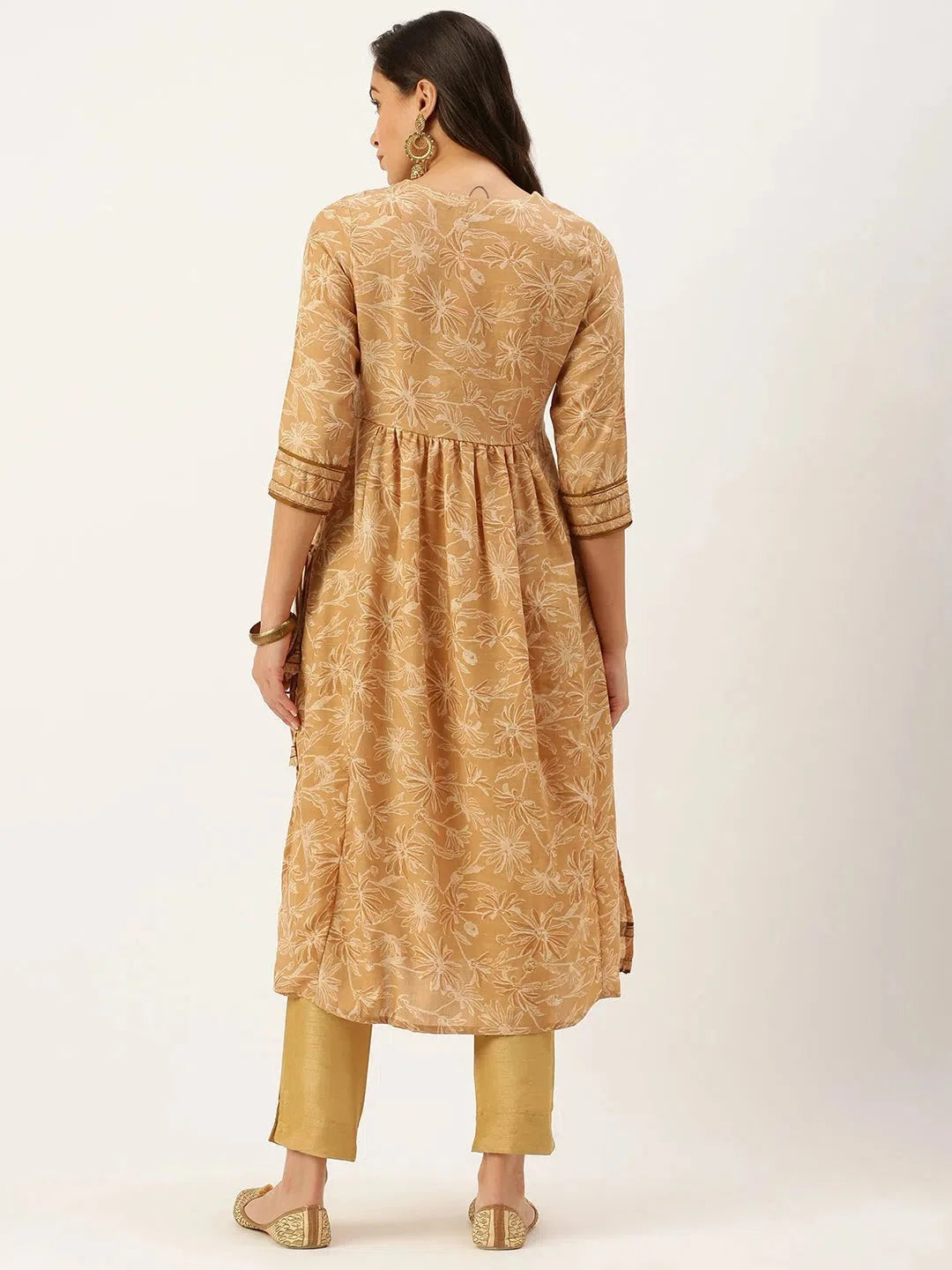 Beige Printed A-Line Cotton Kurtas | Indian Kurta Designs