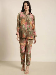 Women Oversized Green Printed Shirt & Trousers Set-DW-5088-Green